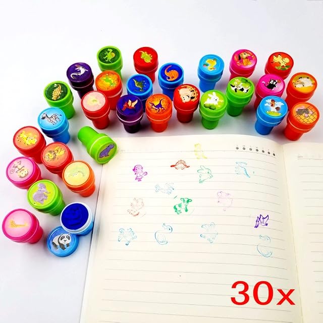 JZK Farm animal + dinosaur + wild animal, 30 ink stamps for kids stamp set self inking stamper for children birthday party bag filler party favour Christmas stocking filler