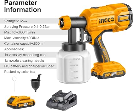 INGCO Cordless Spray Gun, 20V Lithium-Ion Paint Sprayer, 800ml | 600 Ml/min | 40DIN-s Paint Machine with 1pcs 2.0Ah Battery Pack, 1* Fast Charger, Electric Spray Gun for Wall, Ceiling, Fencing