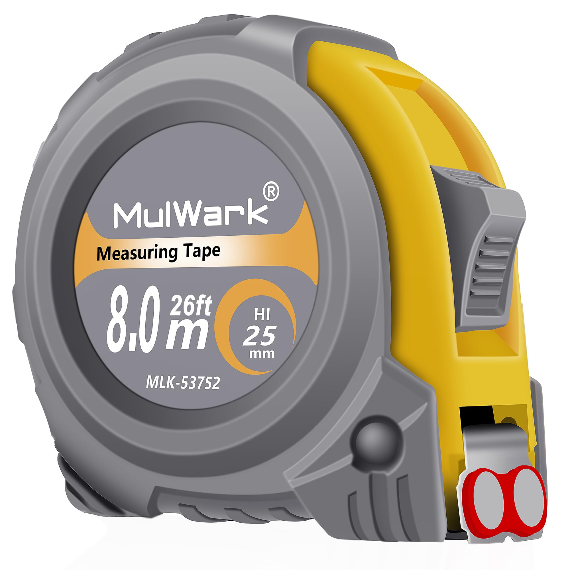 MulWark Cinta métrica de 26 pies por Imperial pulgadas escala métrica con hoja de metal de doble cara, gancho de punta magnética y estuche absorbente de golpes para construcción, contratista,