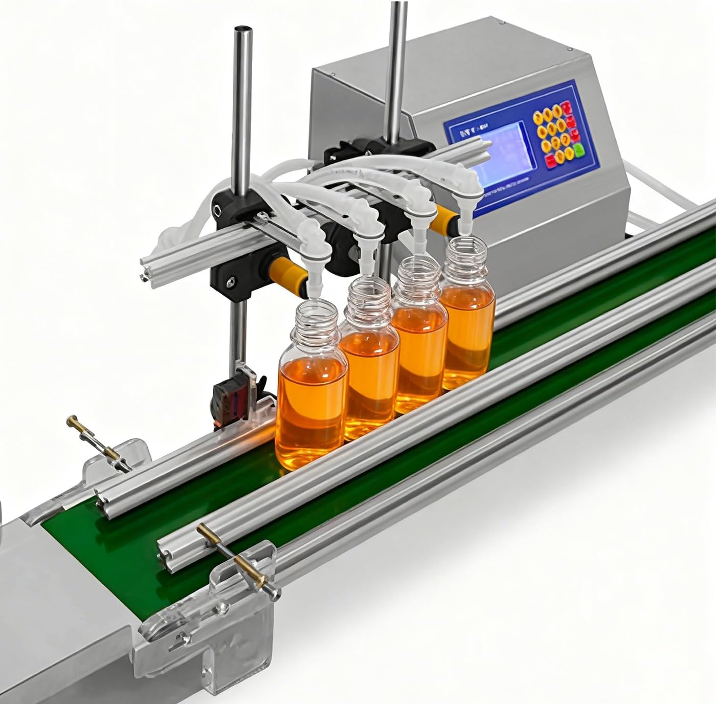 Automatic Liquid Filling Machine Line, 4-Nozzle Line Bottle Filling Machine with 35inch Conveyor Belt Desktop 10-500ml Bottle Filler Line for Perfume, Water, Juice