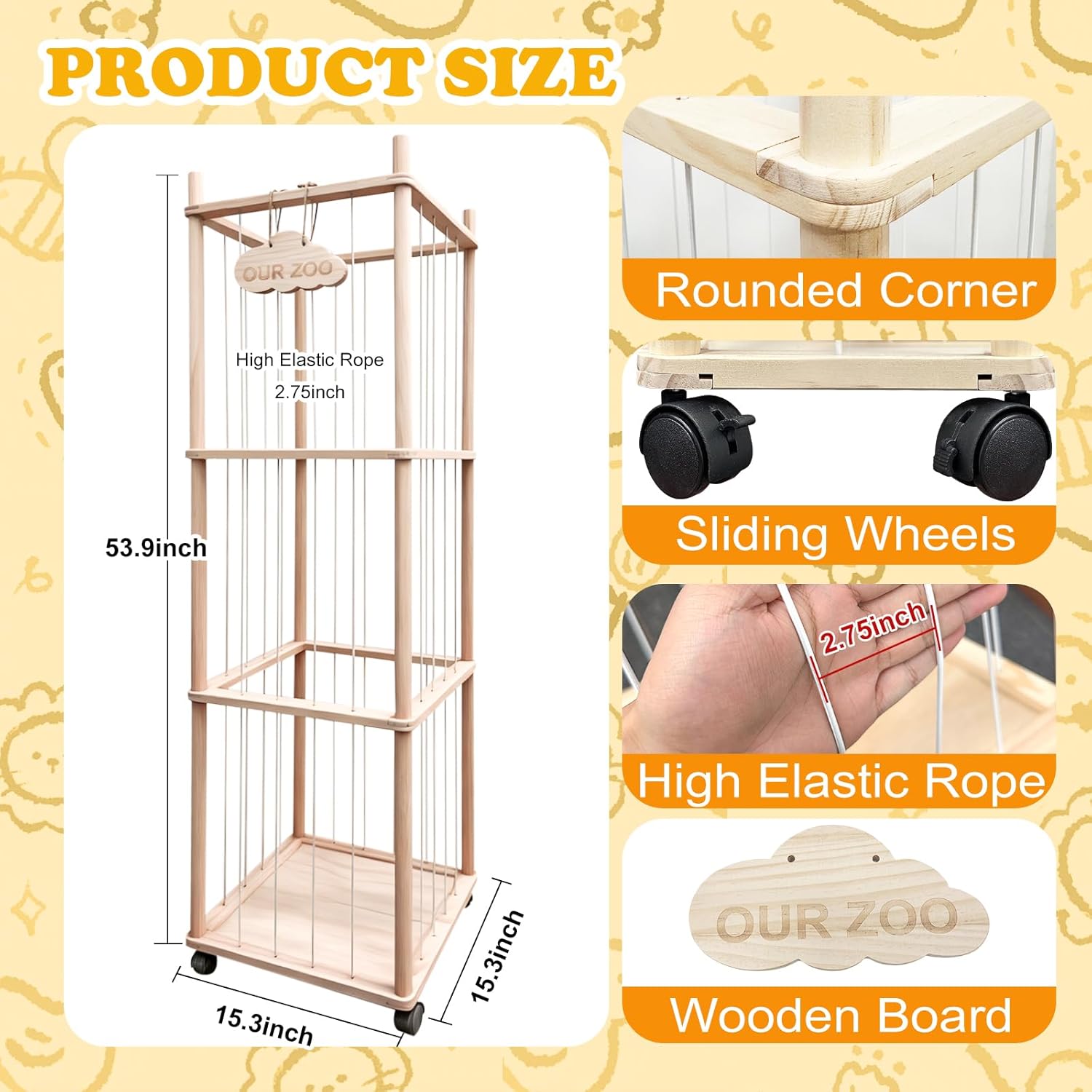 Stuffed Animal Storage, 53.9 Inch Wooden Large Stuffed Animal Zoo Organizers with Wheels, Stuffy Plushies Storage Holder with Elastic Band&Solid Base, Plushies Storage for Playroom Bedroom Nursery