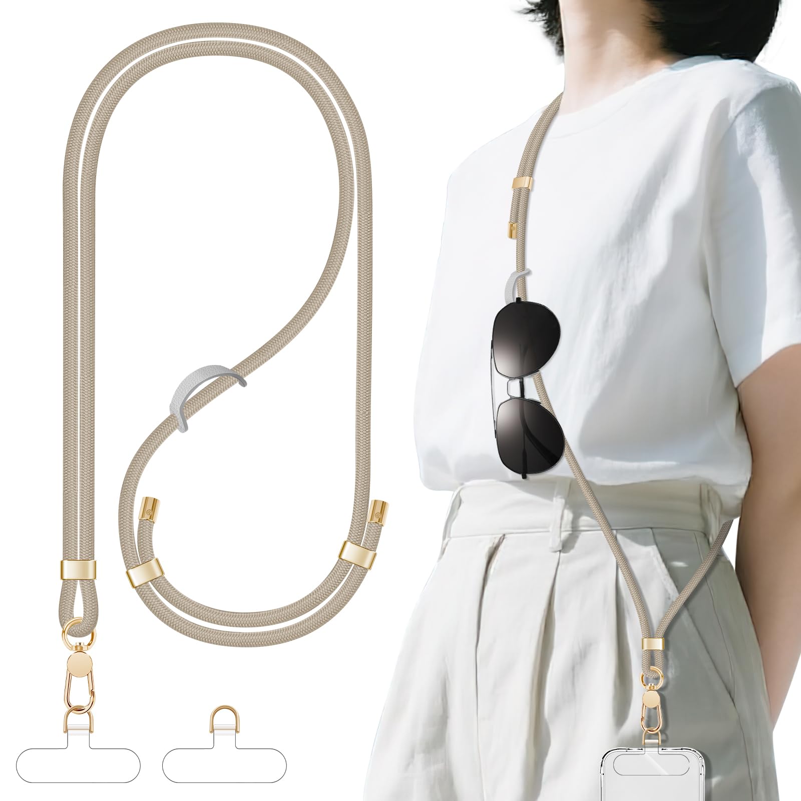 [X-Lounge] 携帯ストラップ 調整可能なスマホショルダー おしゃれなネックストラップ 斜めかけ 首掛け メガネ掛け用 落下防止 ストラップホルダー２枚付き (カーキ)
