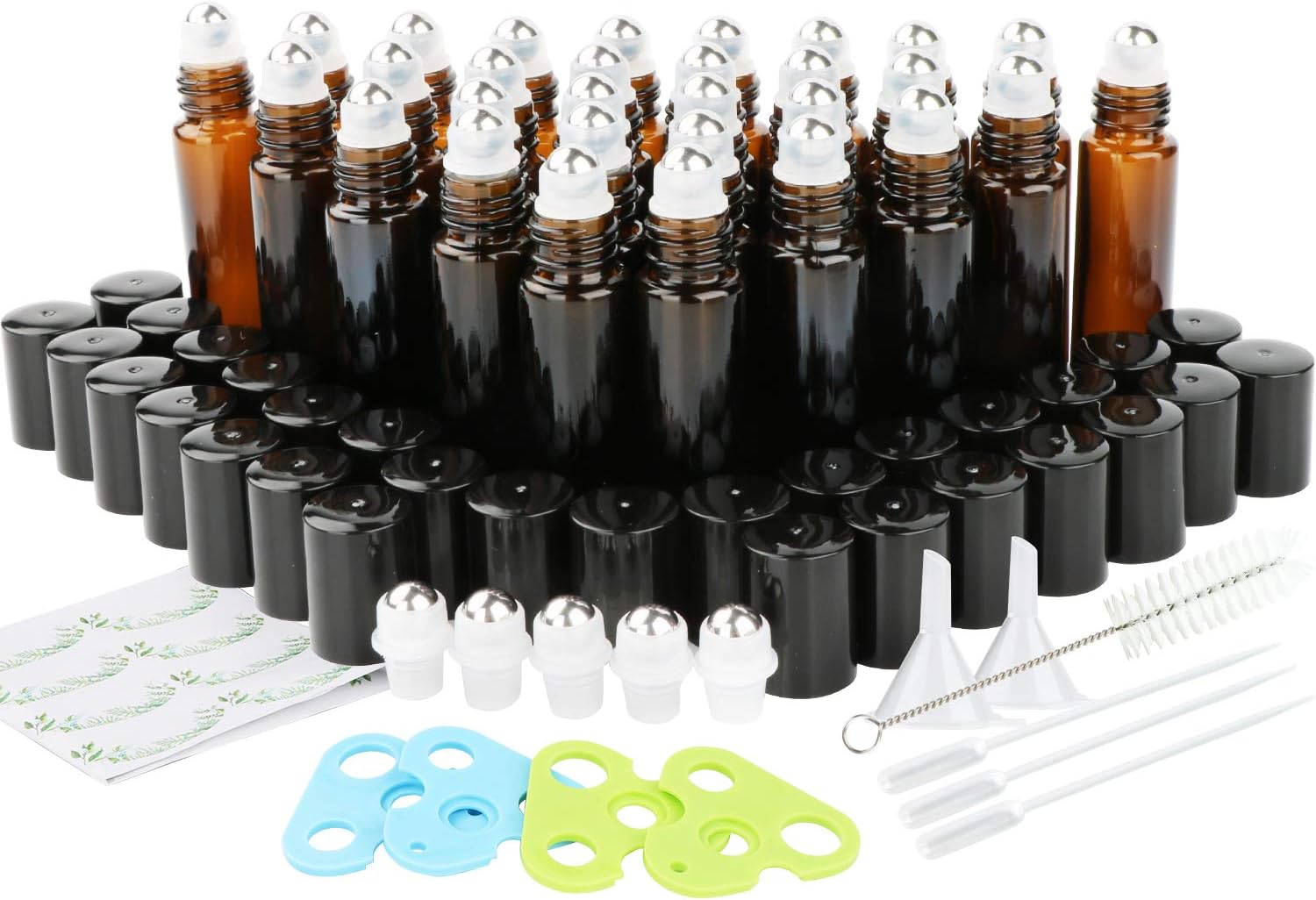 Glass Roller Bottles, Maredash 30 Pack 10ml Amber Essential Oils Bottles with Stainless Steel Roller Balls, 30 Labels, 4 Bottle Opener, 2 Funnels, 3 Droppers, 1 Brush, 5 Extra Roller Balls