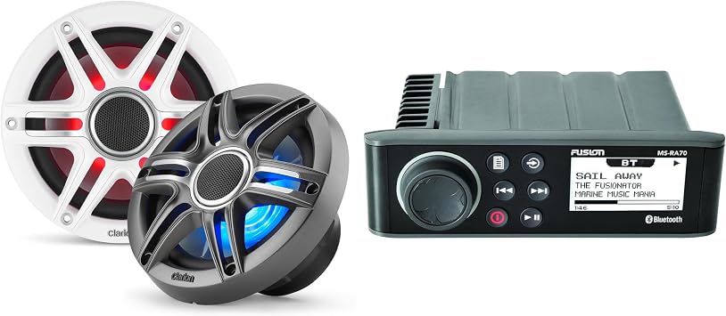 Fusion MS-RA70 Source Unit w/Clarion CMSP-651RGB-SWG Premium 6.5-inch Coaxial Marine Speakers with Built-in RGB Illumination Includes White & Gray Sport Grilles