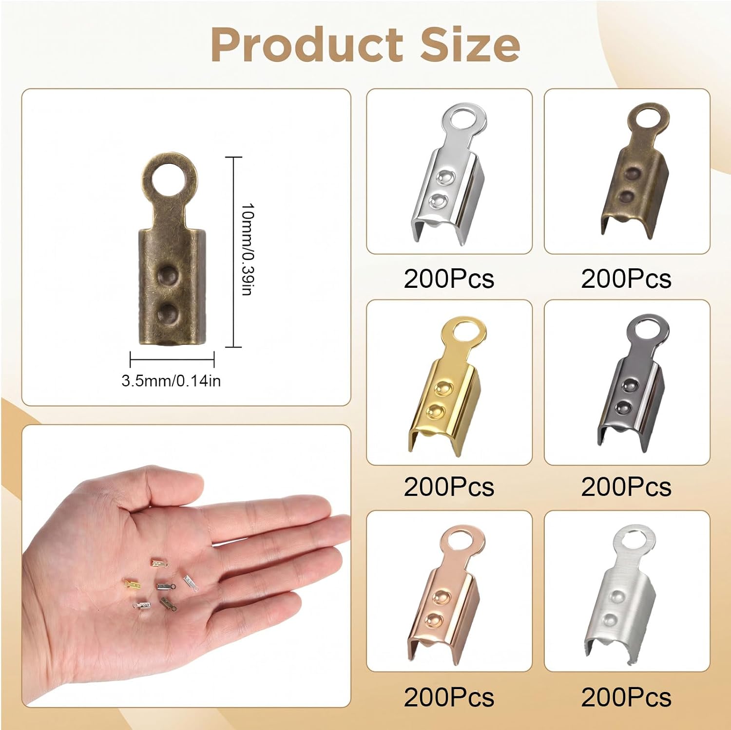 1200PCS Fold Cord End Caps for Jewelry Making Necklace Rope DIY Craft | 6 colors, 10x3.5mm/0.39x0.14in, Folding, rust-free and colorfast, Ribbon End Clasp Tips Clamp Cord Ends Jewelry Connector
