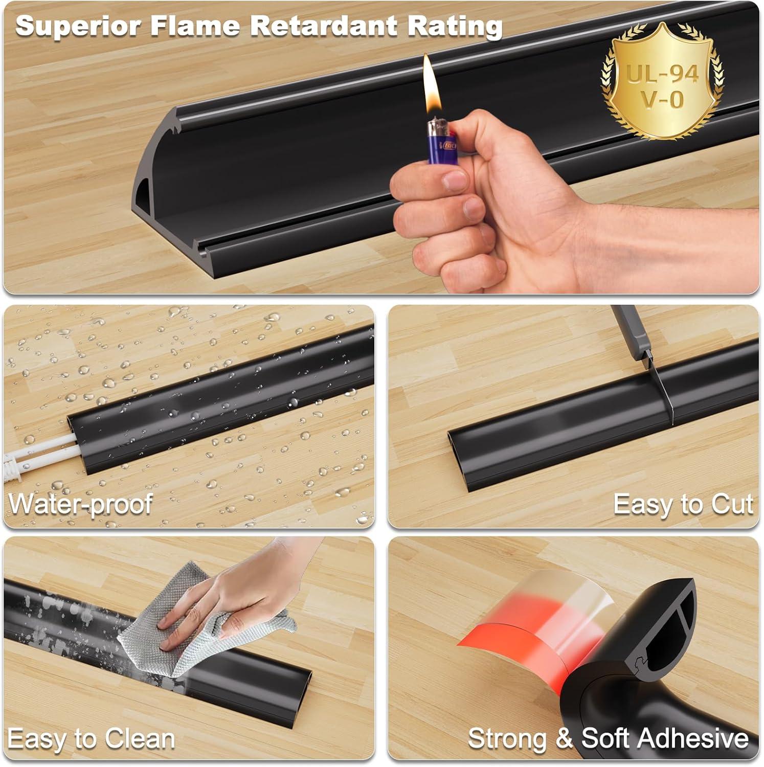Kneelisa 4FT Side-Open Extension Cord Covers for Wires on Floor,Silicone Power Cable Protector Cord Hider Management Strip,Hide Electric Wire on Carpet,Chord Runner Protective Safety,Black