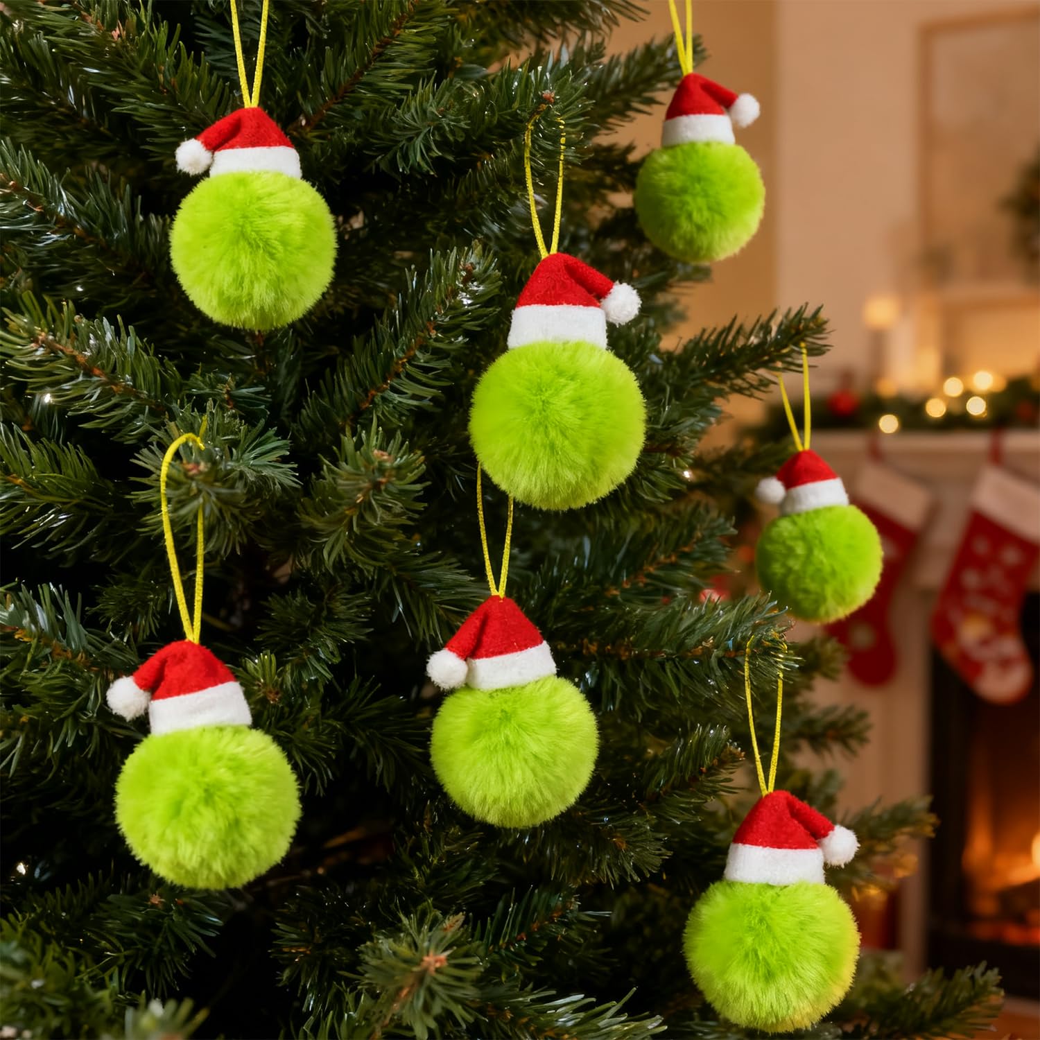 Pack of 12 Christmas Furry Baubles with Hats, 8cm Lime Green Plush Christmas Ball Ornaments Fluffy Tree Ball Plush Xmas Bauble for Xmas Tree Hanging Decoration Party (Green)