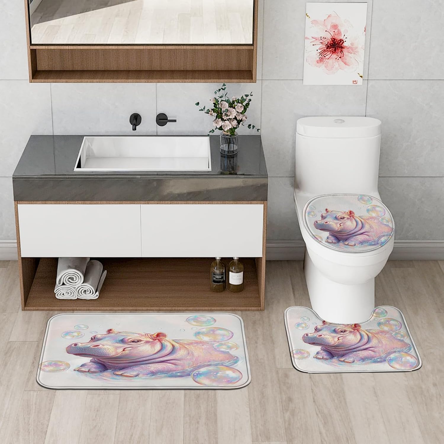4PCS Funny Cute Hippos Bathroom Accessory Sets with Non-Slip Rug, U Shape and Toilet Lid Cover Mat, Bubble Sea Ocean Underwater Bathroom Fabric Decor-72''x72''