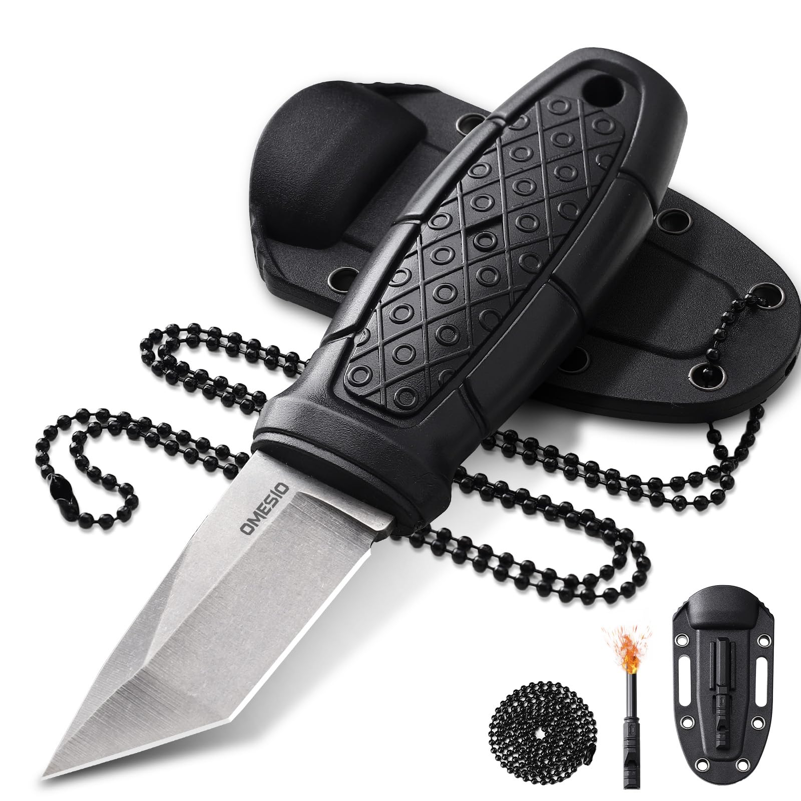 Omesio Coltello Da Caccia Tanto, Coltello Da Esterno Con Lama Da 6 Cm EDC, Manico in PP Con Lama in Acciaio 5cr14mov, Fodero in ABS, Catena a Sfere,Unisex, Adatto Per Escursionismo e Campeggio