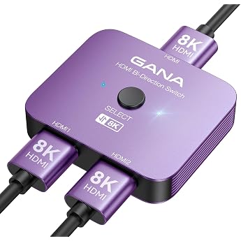 HDMI Switcher 8k@60hz/4k@120hz HDMI Distributor, GANA Bi-directional HDMI Selector 1-in-2-out/2-in-1-out Manual HDMI 2.1 Switcher with Power Supply Compatible with Xbox PS5/4/3 DVD Player Fire Stick