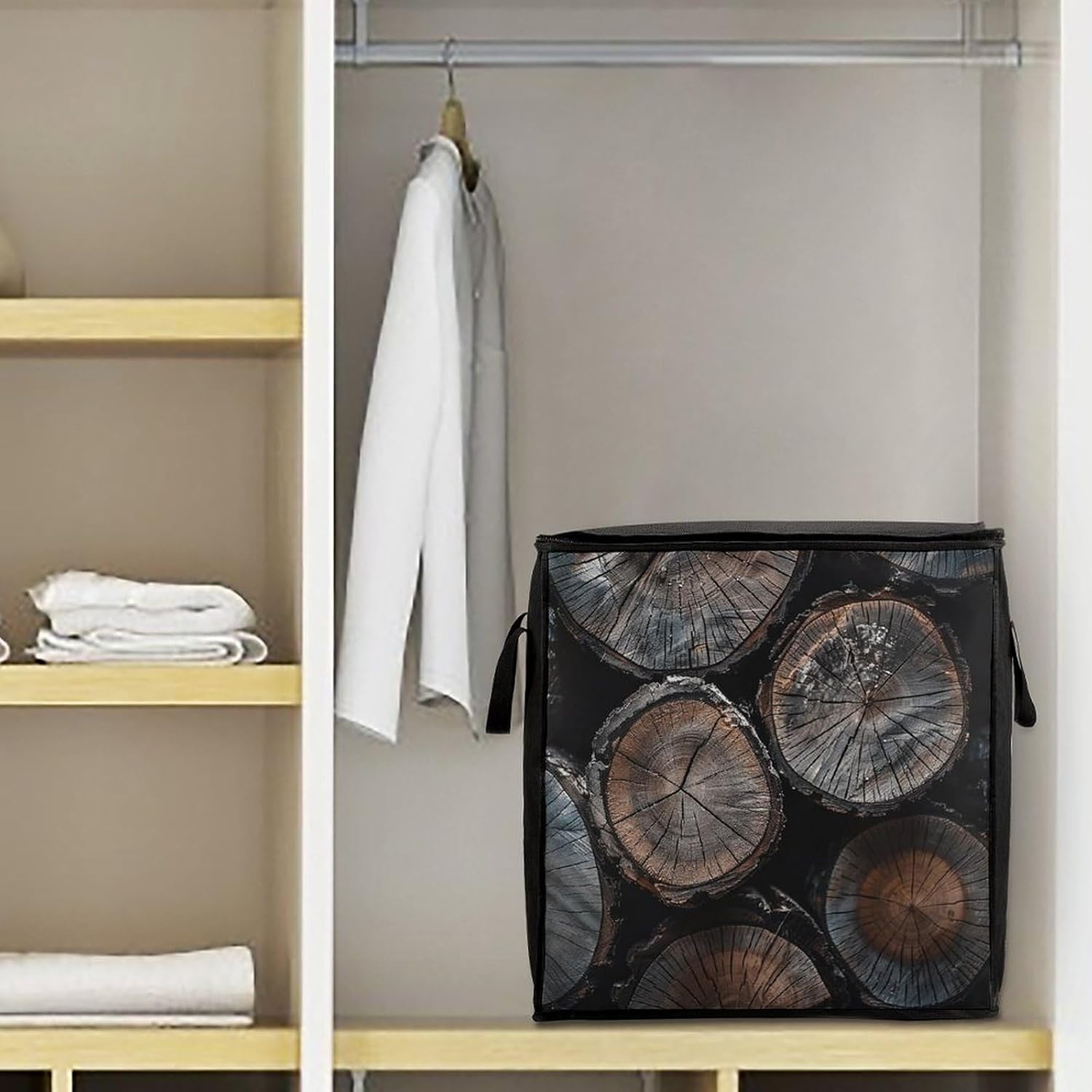 Portable Quilt Storage Bag,Round Cut Wood Printed Foldable Wardrobe Storage Box Foldable Storage Bag with Lids And Handle Large Clothing Storage Bag for Comforters Clothes Blankets Pillows