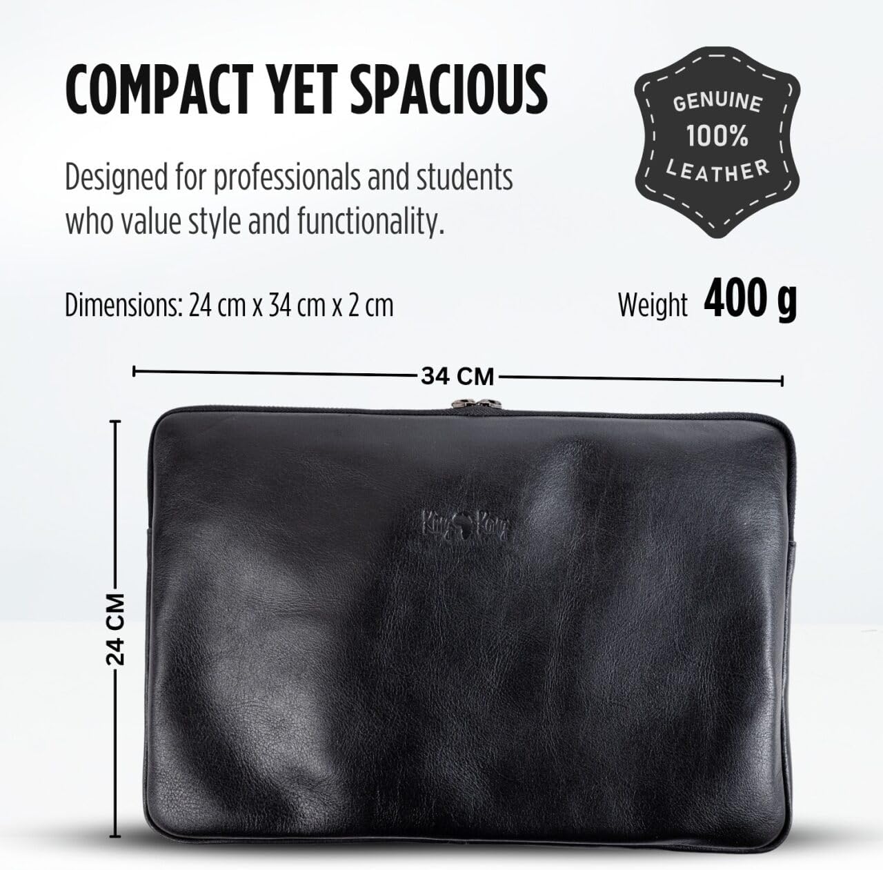 KING KONG Leather Laptop Sleeve, 14'' Notebook Case, Full-Grain Buffalo Leather Laptop Sleeve, Soft Cushioning and Waterproof Lining, Premium Zip, Design to fit Mac Laptops, Black