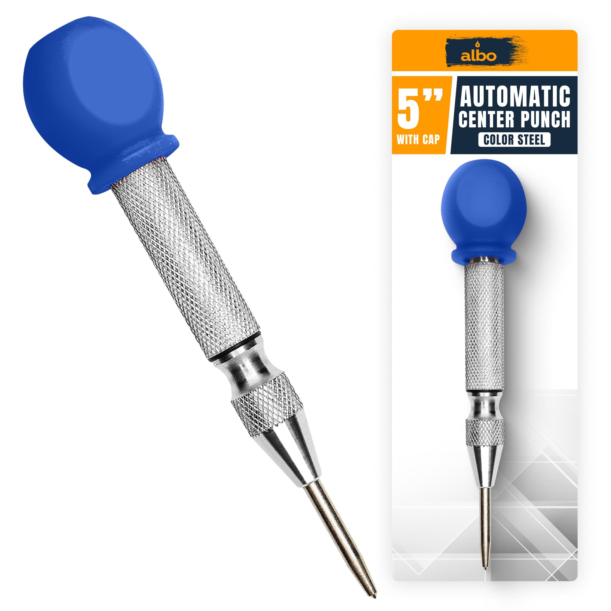 ALBO Spring Loaded Center Punch Tool – 5 Inch Automatic Punch for Metal, Wood & Steel – Heavy Duty Drill Punch with Non-Slip Comfort Cap, Galvanized
