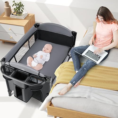 Miniatura 5 de INFANS Cuna de bebé, 4 en 1 para guardería y juego de bebé con cambiador, mosquitera, cesta de almacenamiento, bolsa de viaje para recién nacidos de