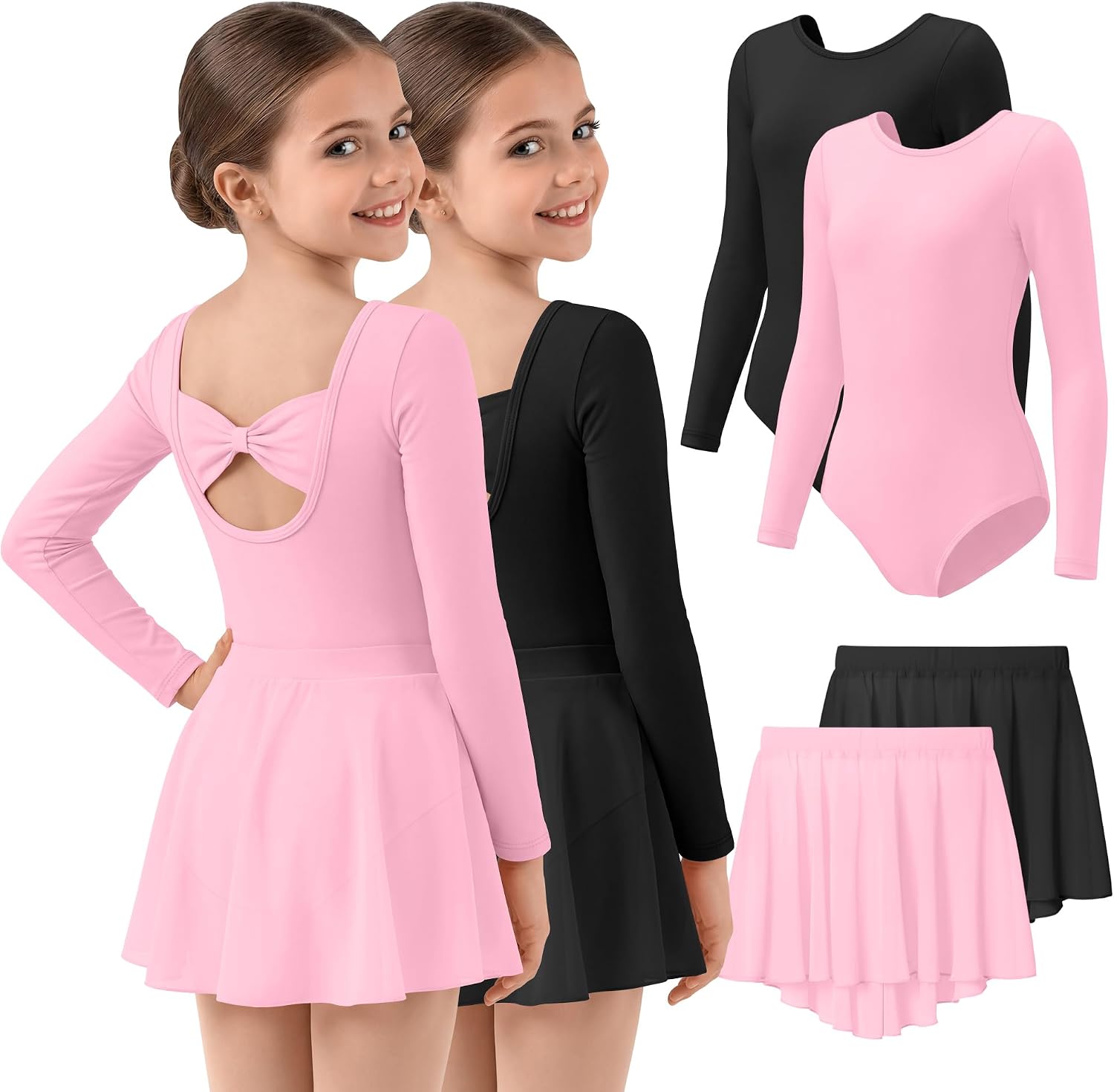 2 Pack Ballet Leotards for Girls Long Sleeve Dance Dress Bow Back Toddler Ballerina Outfits with Removable Skirt