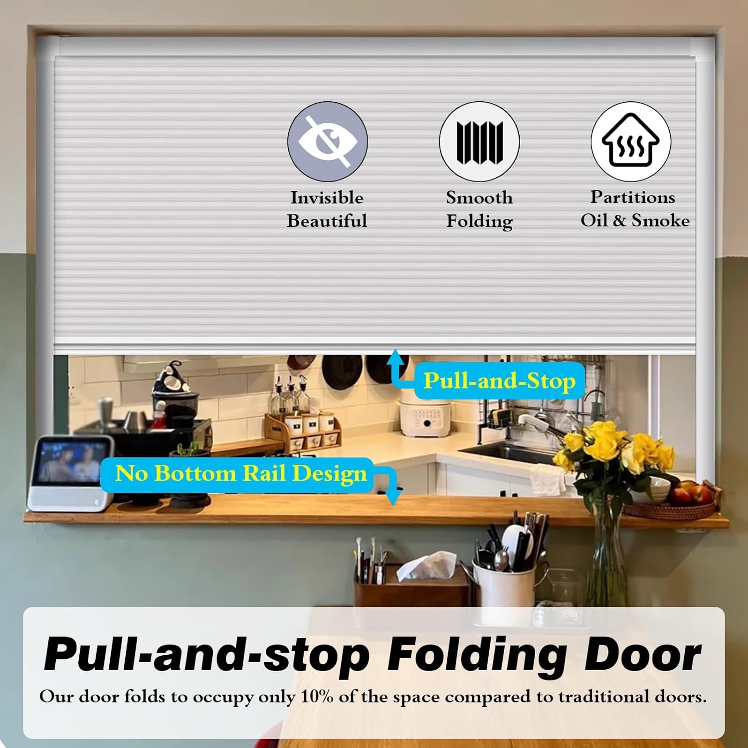 Customizable Folding Serving Window Door - Retractable Honeycomb Privacy Screen with Aluminum Frame for Kitchen Counters, No Bottom Rail (White, 90x60cm/35x24inch)