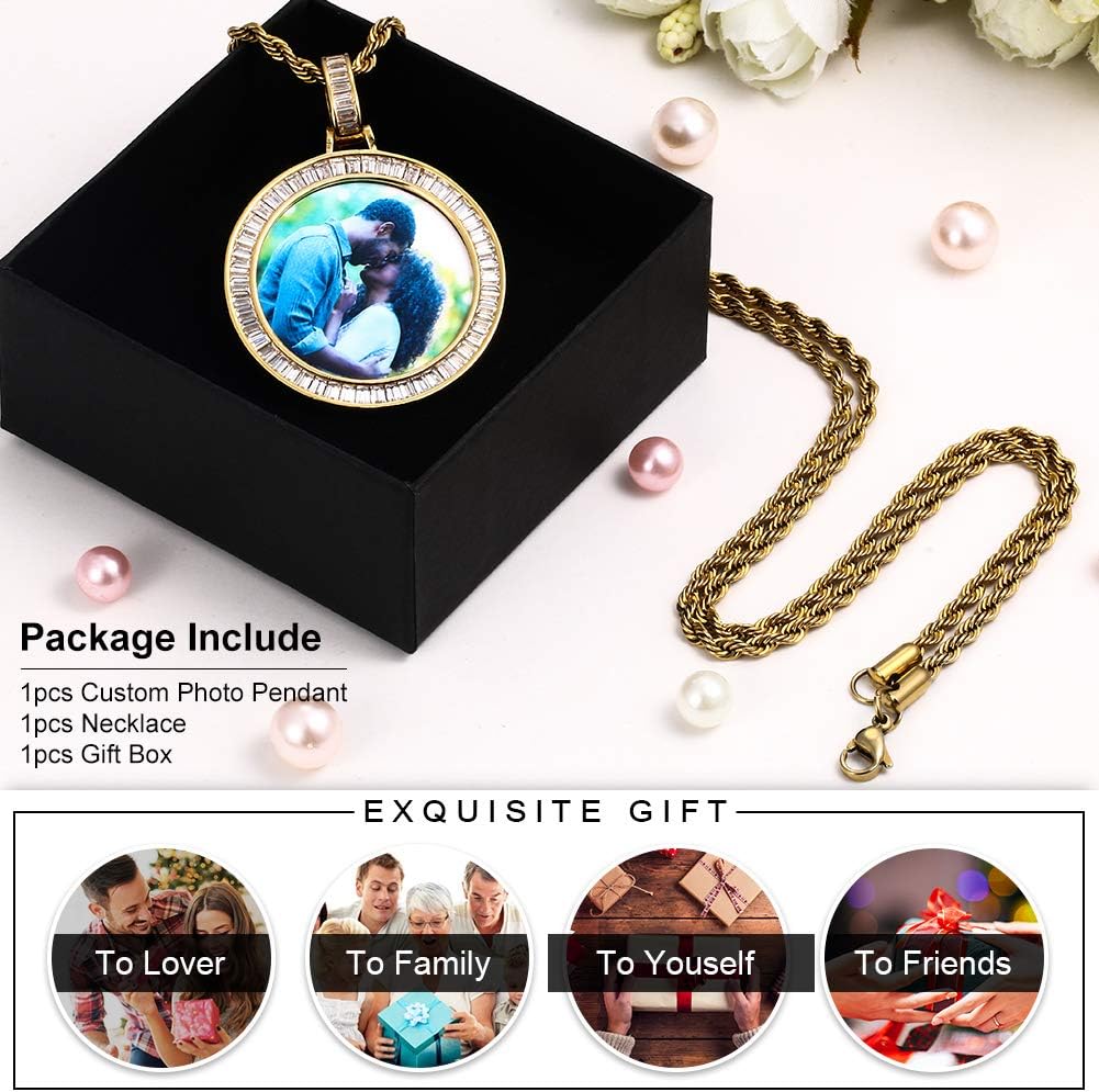 TUHE Picture Necklace Personalized Photo Pendant Necklace For Men Women 18K Gold Plated Customized Necklace With Picture Memory Rip Photo Chain Round Angle Wings Heart Shaped