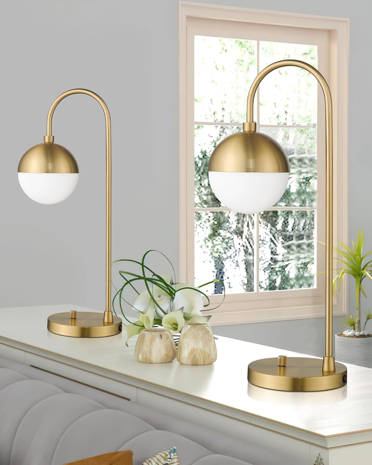 LMS Modern Gold Table Lamp with White Glass Globe, Gold Desk Light Bedside Lamp with Brushed Brass Finished for Living Room Office Nightstand, Dimmable Switch