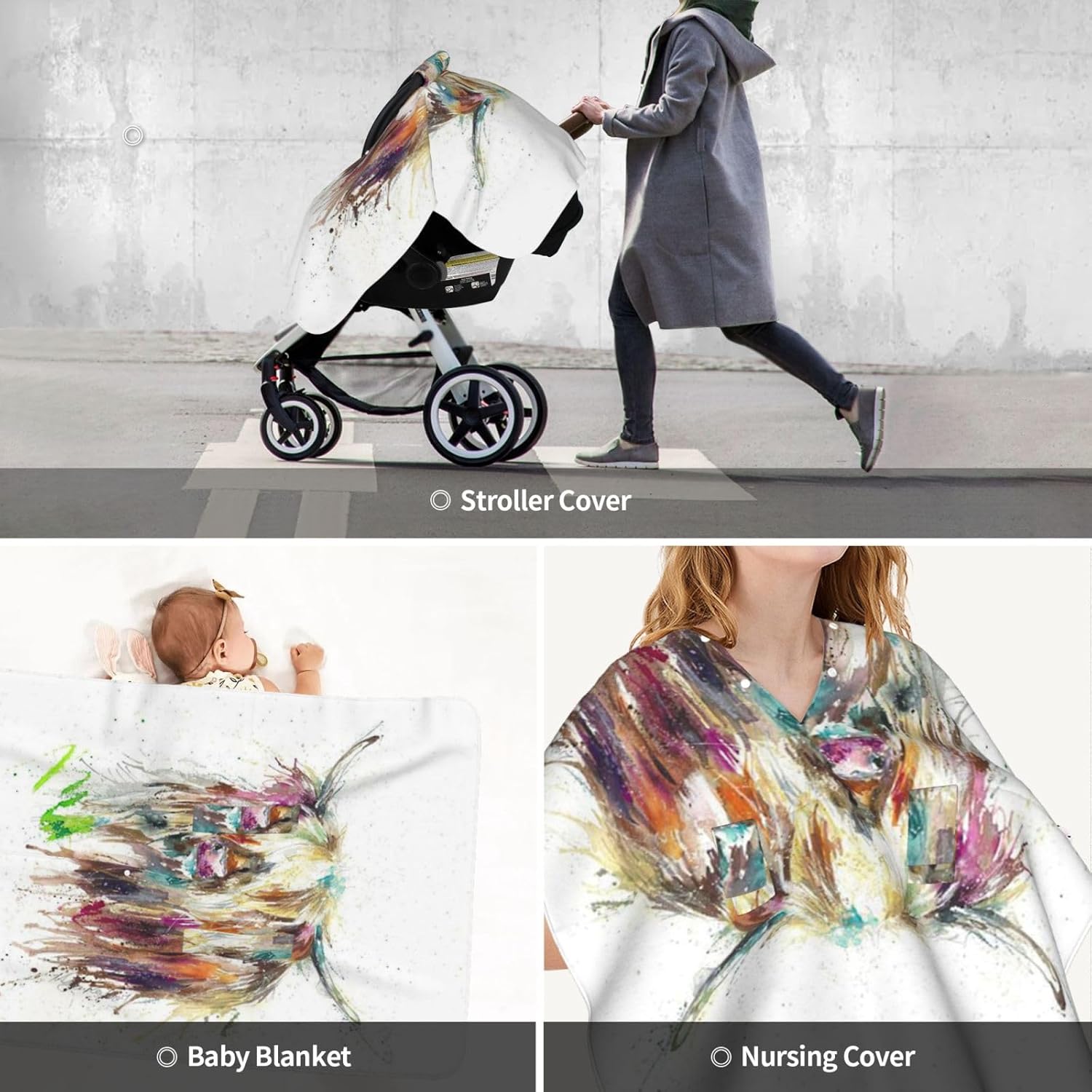 Highland Cow Watercolour Baby Car Seat Cover & Breastfeeding Nursing Cover - Breathable Stretch Fabric Multi-Use Nursing Cover for Breastfeeding