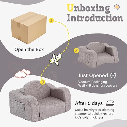 Vista 17 de Welnow Silla para niños pequeños, sofá infantil de sherpa suave 2 en 1, tumbona convertible para niños, sofá plegable para niños con bolsillos
