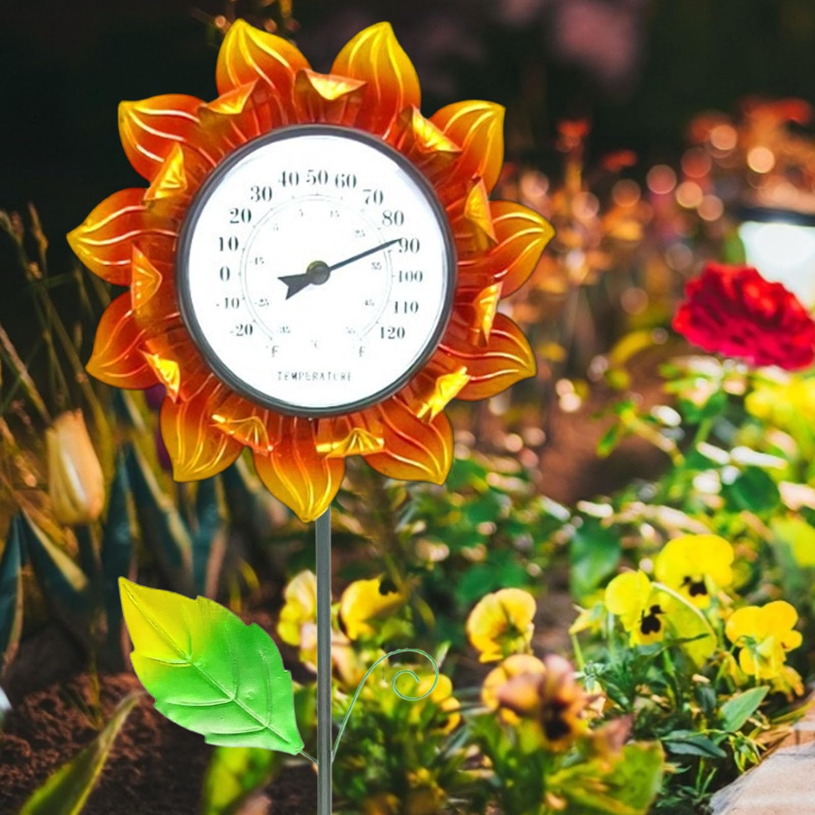 Termometro da esterno con picchetto in metallo, 102 cm, facile da montare | termometro decorativo da parete a forma di girasole, calibrato automaticamente, per interni ed esterni, decorazioni per patio