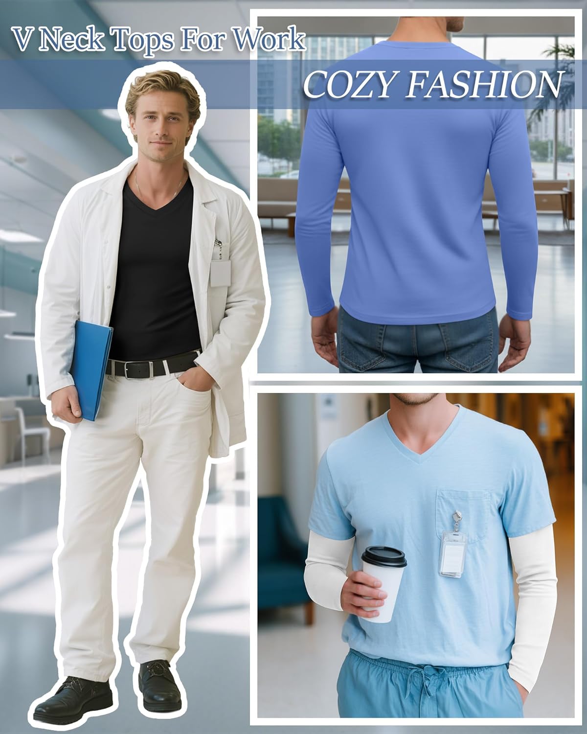 3 Pack Men's Long Sleeve Underscrub Nurse V Neck Scrub Undershirts Fitted Base Layer Tees for Medical Uniforms