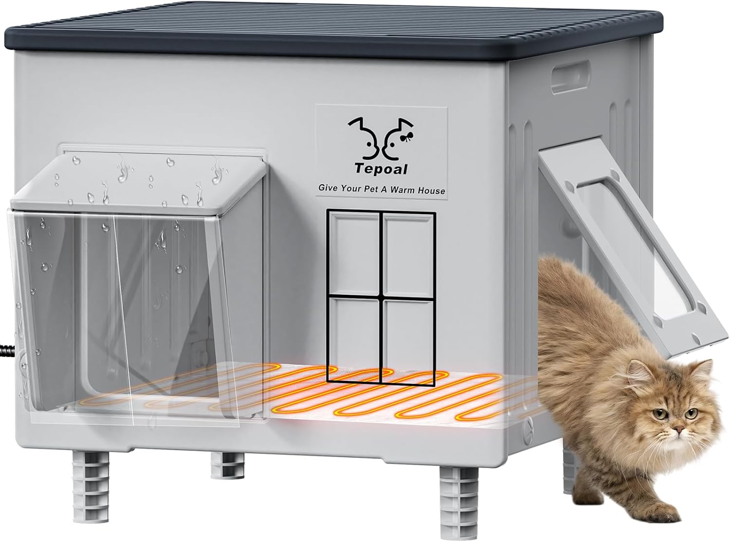 Indestructible Heated Cat House for Outdoor Cats in Winter, 100% Waterproof & Weatherproof Heated Cat House for Outside, Fully Insulated Feral Cat Shelter for Outdoor Barn Strays, 17.7 x 17 x 17.5 in Grey - 17.7x17x17.5 In