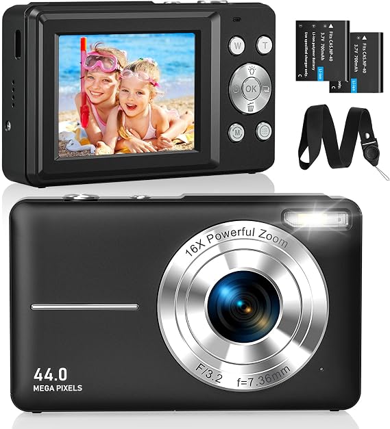 CAMKORY Digital Camera FHD 1080P 44MP Compact Camera 16X Digital Zoom Camera Small Easy Operation Image Stabiliser with 2 Batteries for Children Beginners Boys Girls Black
