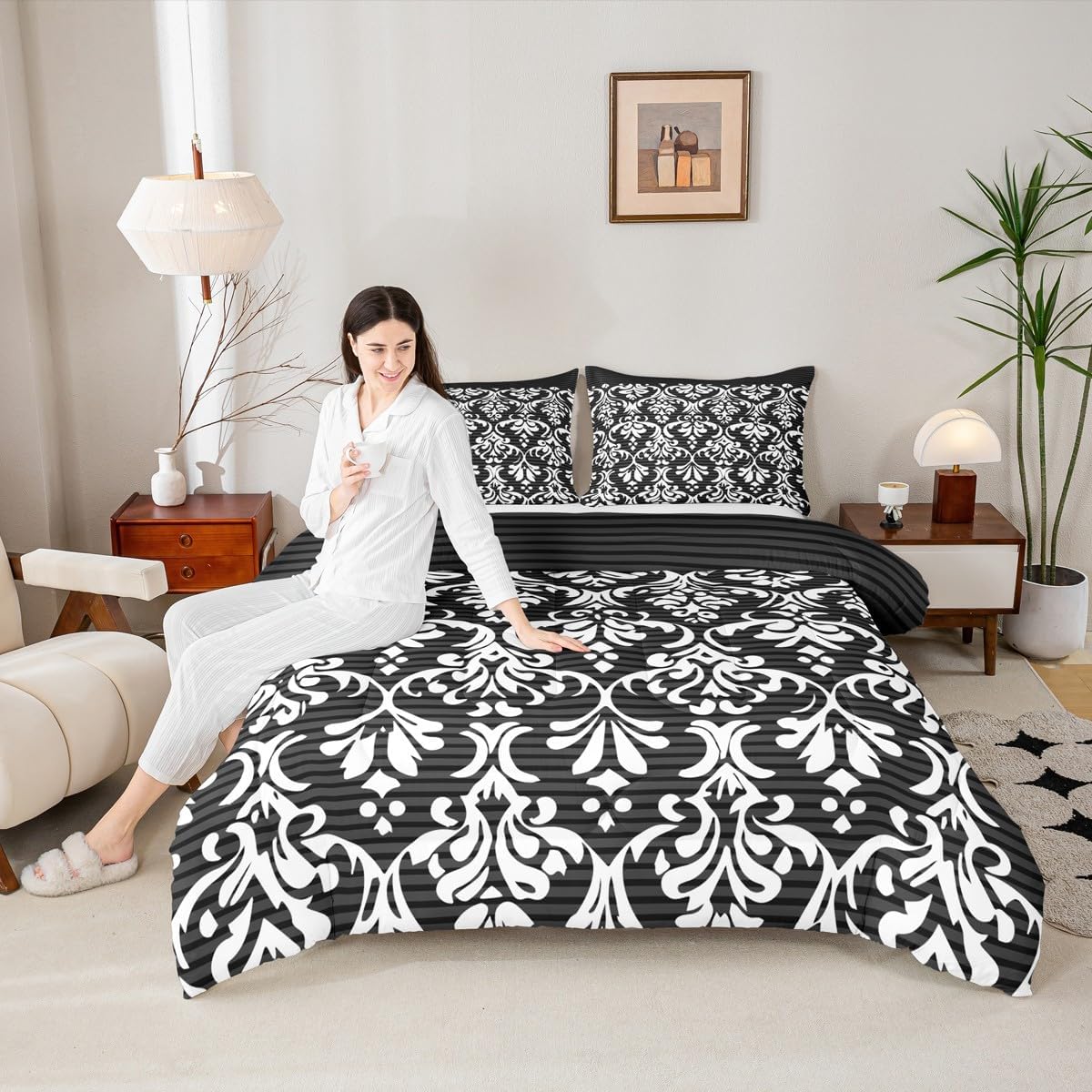 Feelyou Black Gothic Bedding Set Soft for Boys Girls, Vintage Jacquard Comforter Set Queen Size Black White Duvet Quilt Microfiber Exotic Floral Bedroom Decor 3 Pcs with 2 Pillow Cases