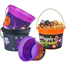 Holady 4 Pcs Halloween Bucket Kids Party Favors Trick or Treat Pail with Handle Candy Treat Bucket Pumpkin Colored for Children Halloween Party Supplies