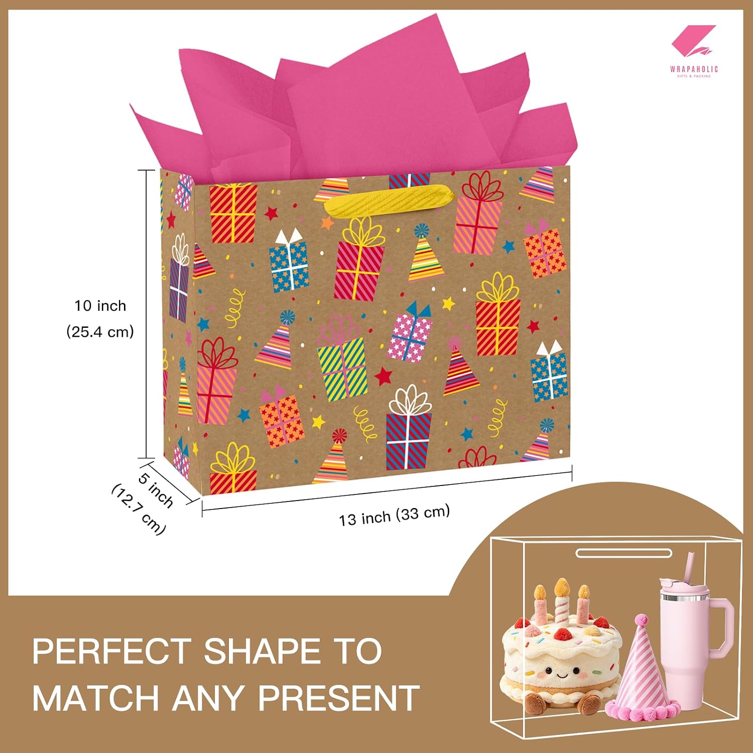 WRAPAHOLIC 13" Large Birthday Gift Bag with Tissue Paper - Colorful Party Hats and Gifts Design Paper Bags for Birthday, Party, Baby Shower image 2