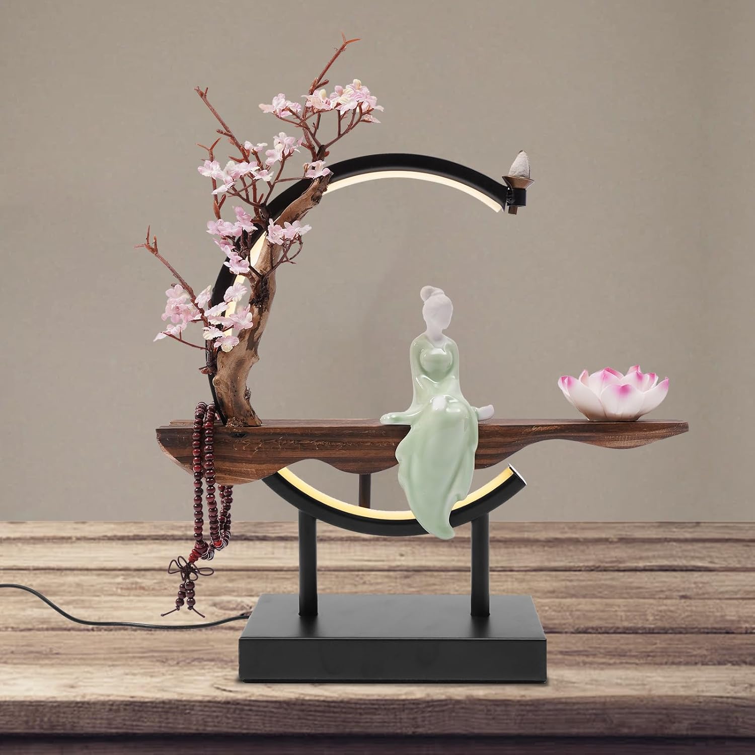 Backflow Incense Holder with LED Light, Indoor Ceramic Good Luck Happy Buddha Statue with Artificial Tree and LED Circle Table Lamp (Black+Brown)