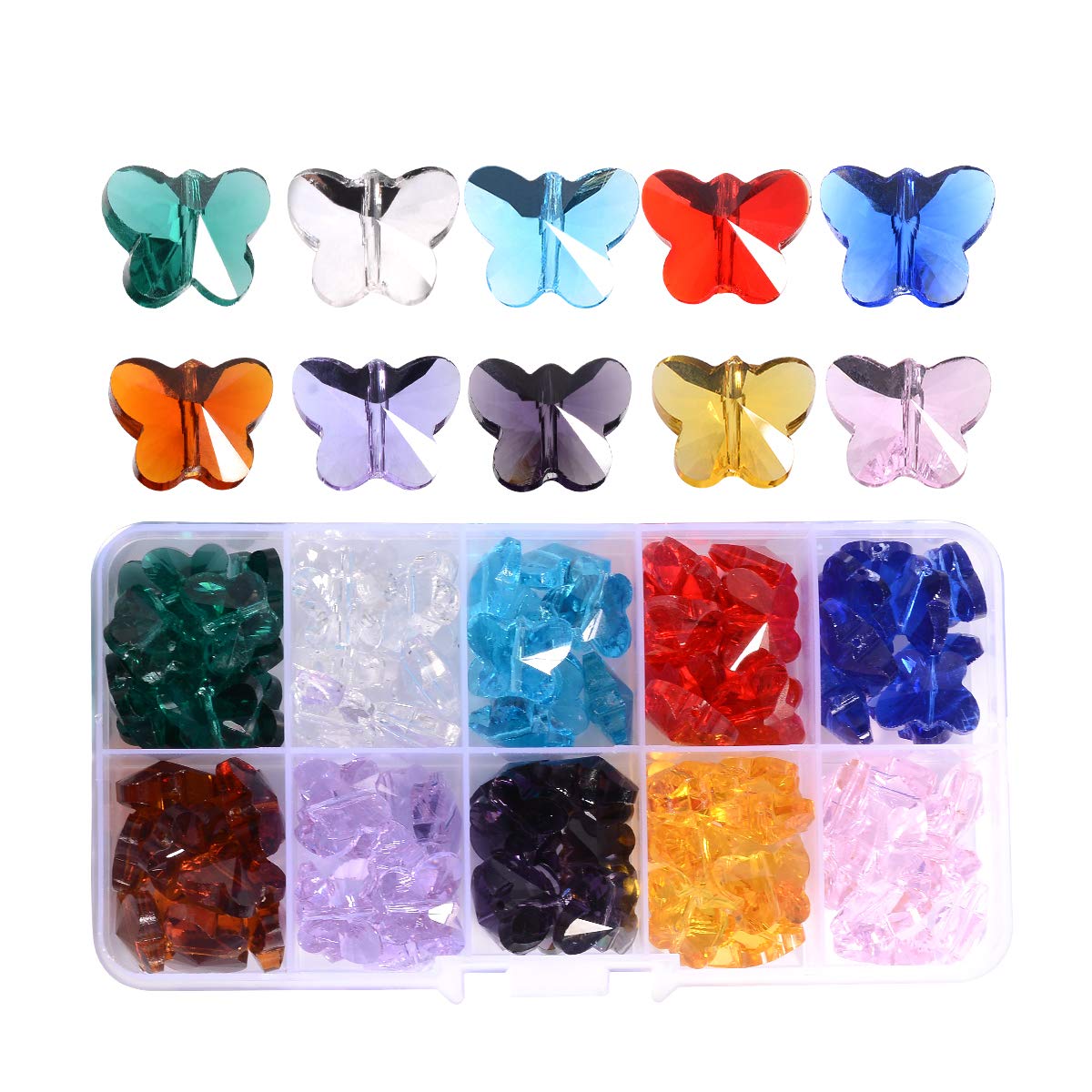 LONGWIN 100pcs Crystal Butterfly Beads 14mm Multicolor Glass Beads for Jewelry Making Chandelier Parts