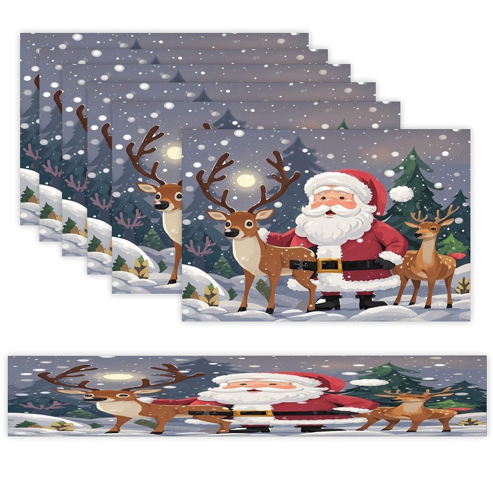 Santa Claus and Deer Elk Table Runner and Placemats Set of 6 Heat Resistant Washable Table Runners Dining Mat Sets Modern Cloth Place Mats Linen Table Decor for Kitchen Dining Room