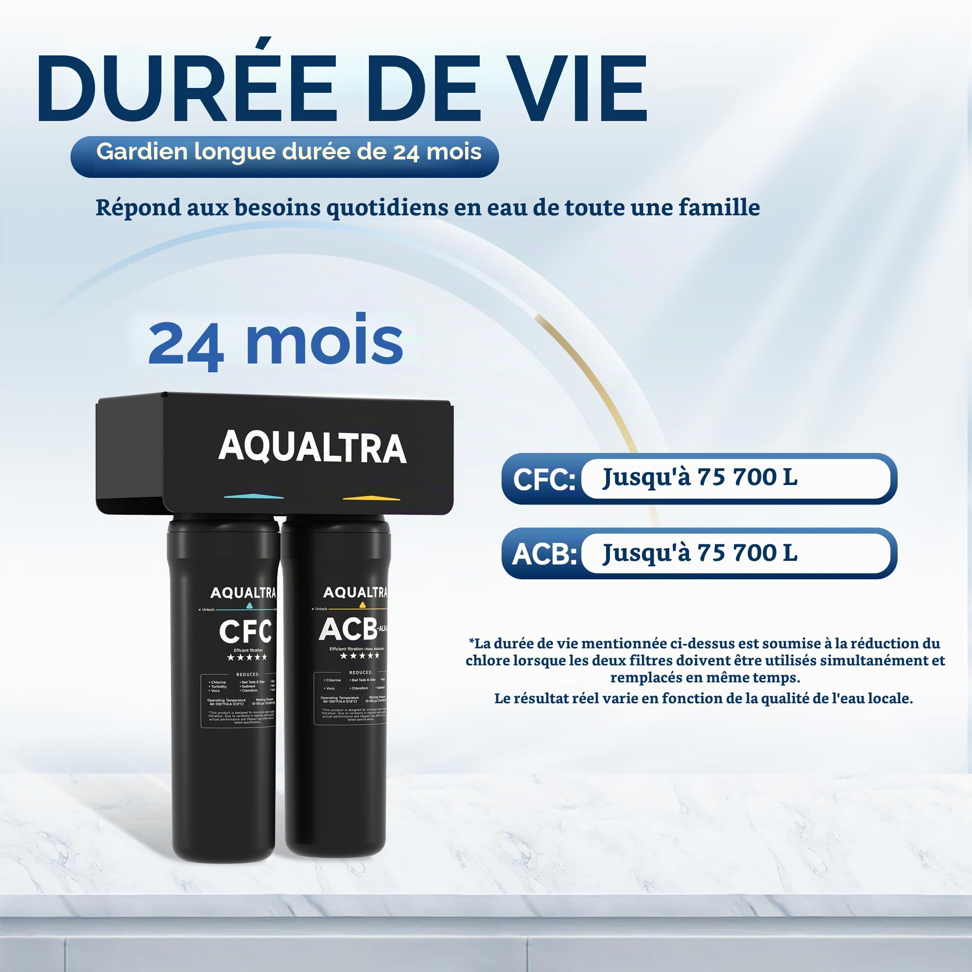AQUALTRA USF-2F-10 Système sous évier alcalin avec robinet, 75700L, réduit PFOA, PFOS, chlore, plomb, mercure, chloramine, fluorure, microplastiques, mauvais goût & odeur