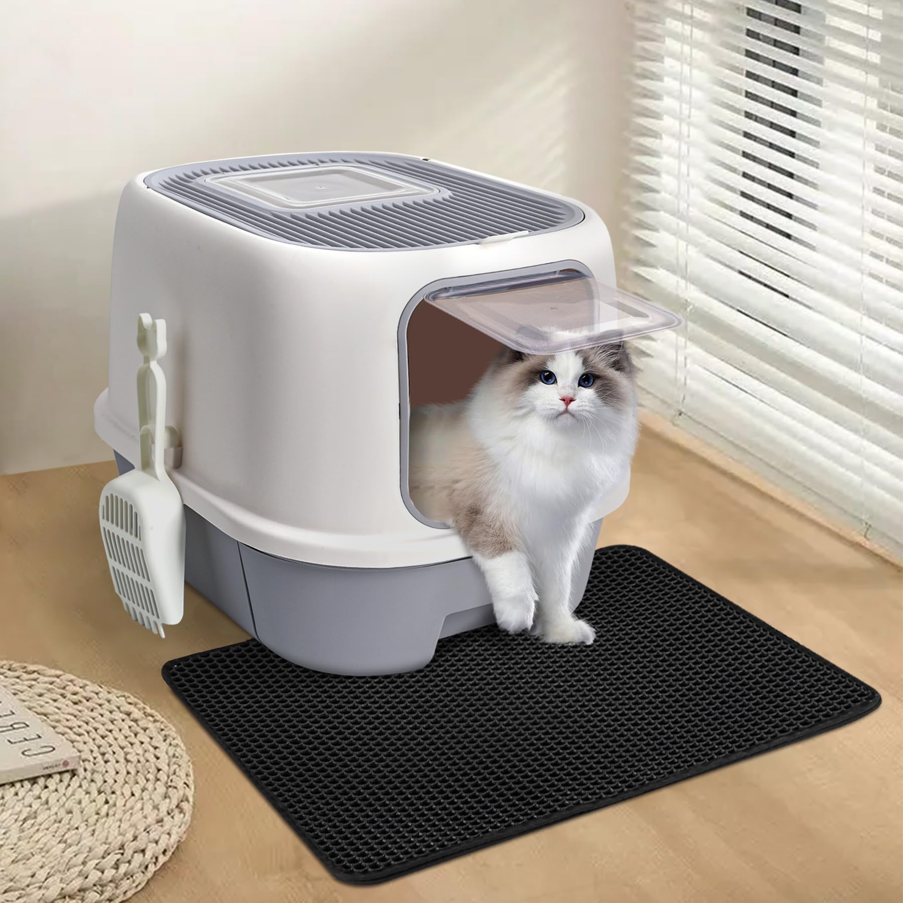 CALIYO Katzenklo mit Deckel – Anti-Geruch Katzentoilette Geschlossen hoher Rand, Katzenklo Groß XXL mit Schublade & Sieb für Große Katzen, Cat Litter Box (53×41×40 cm, Grau-Weiß)