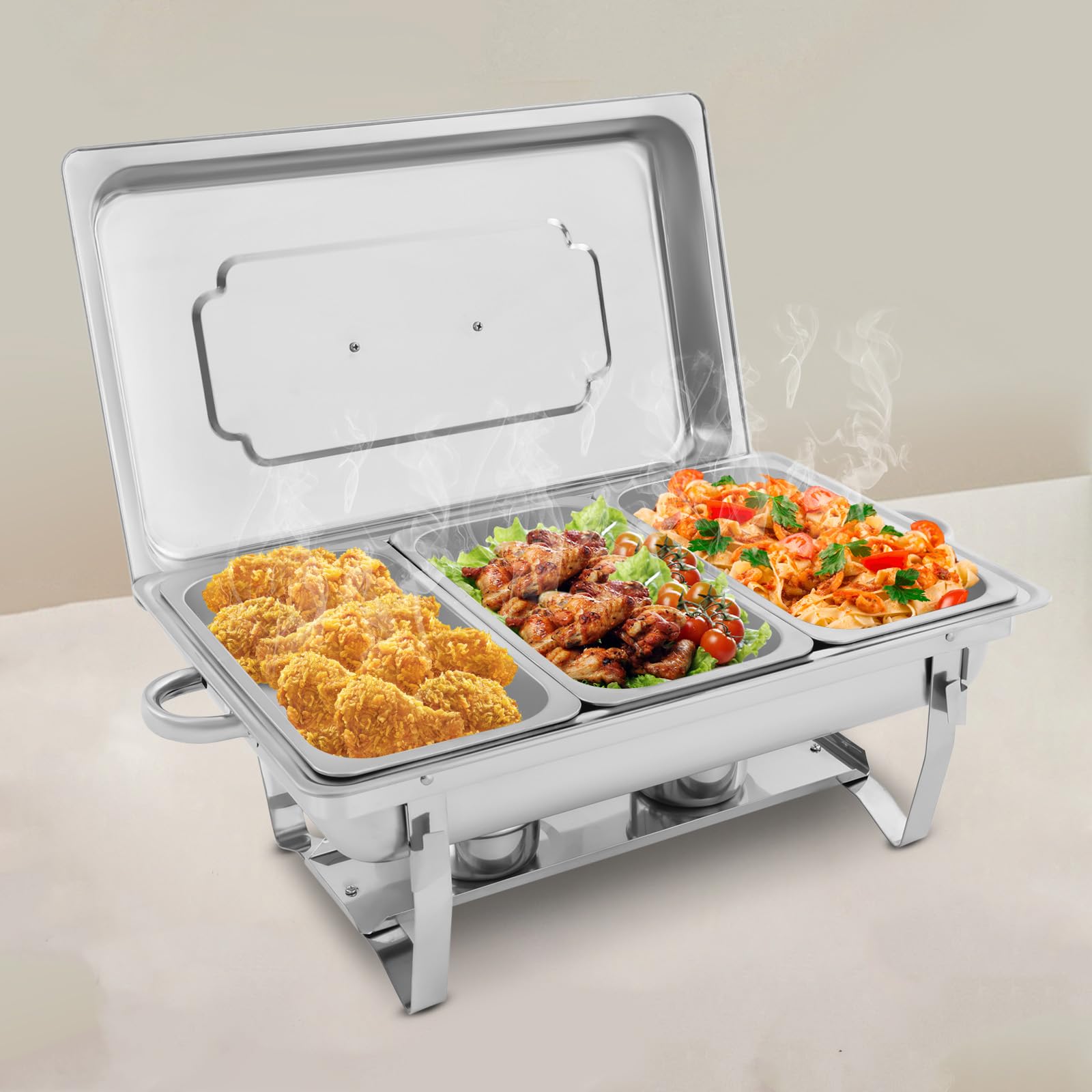 3 x 3 l podgrzewacz do potraw Chafing Dish ze stali nierdzewnej, zestaw 3 pojemników do podgrzewania żywności, stal nierdzewna, pojemnik utrzymujący ciepło, do cateringu, bufetu i na imprezę