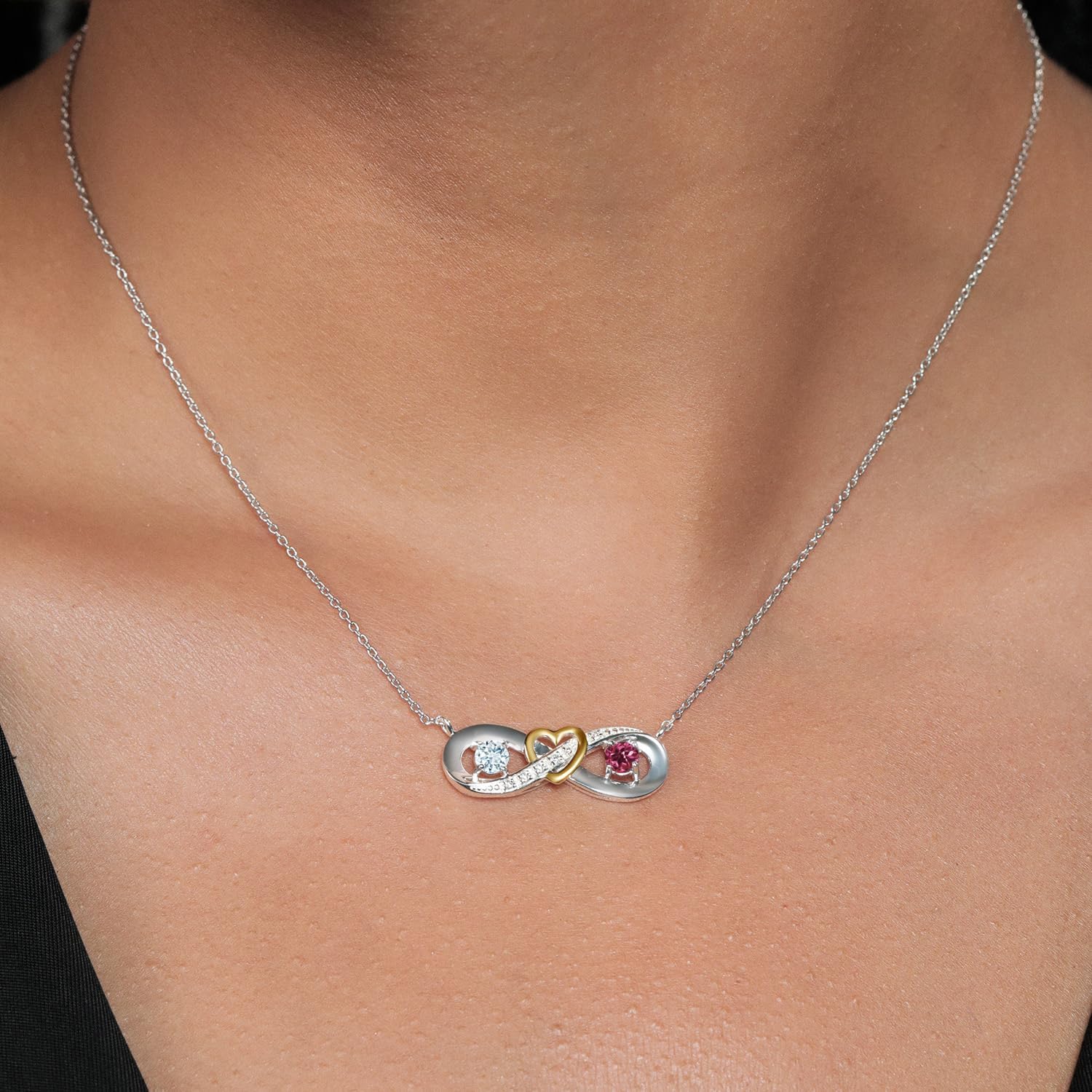 Gem Stone King 0.56 Ct Sky Blue Aquamarine Pink Tourmaline 925 Silver and 10K Yellow Gold 2-Tone Heart Interlocking Infinity Symbol Lab Grown Diamond Pendant Necklace For Women with 18 Inch Chain