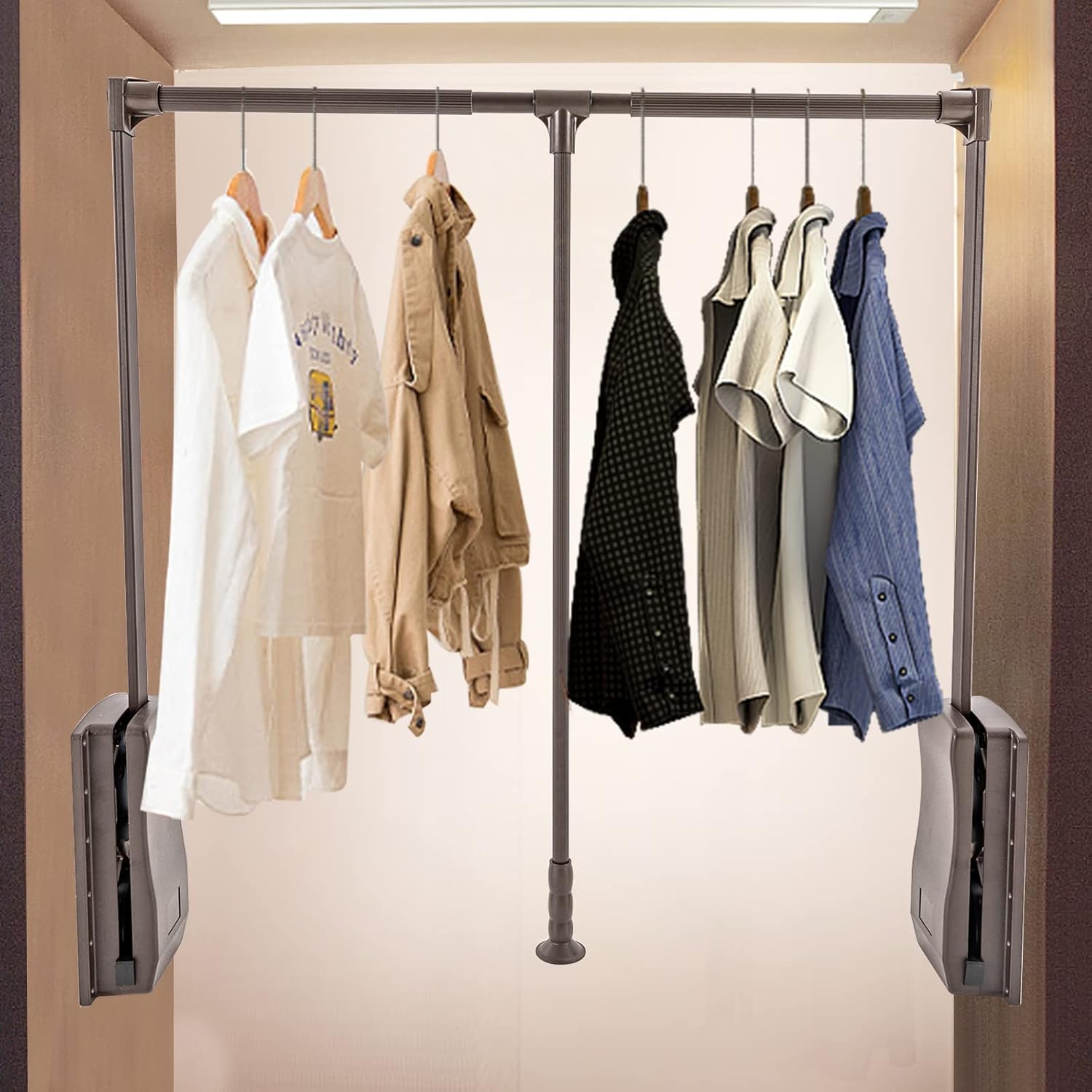 Pull Down Closet Rod for Hanging Clothes, Adjustable 35-47 Inch Wardrobe Rail Lift Closet Rod, Cloakroom Lift Clothes Hanger, Retractable Wardrobe Hanger, 55lbs Weight Capacity