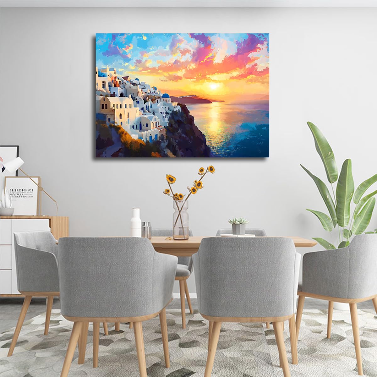 CHERHERART Architecture bleu-blanc Toile Art mural Coucher de soleil Village côtier Affiches Photos Peinture Œuvres d’art pour salle de bain 85x140cm Sans cadre