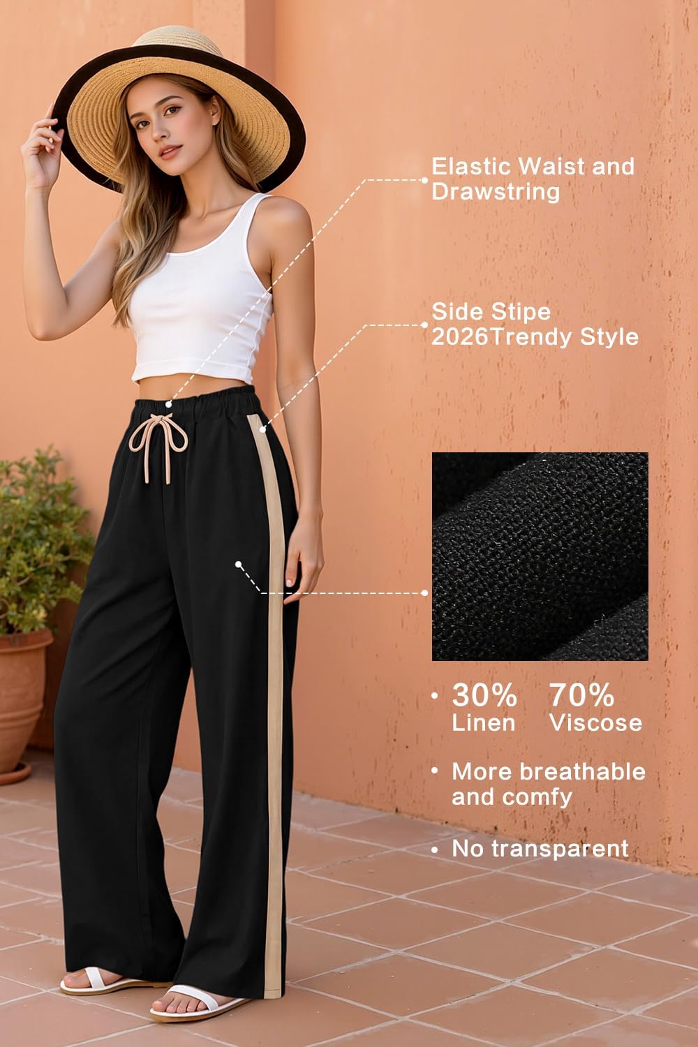 smawell Women's Linen Palazzo Pants Summer Wide Leg Beach Trousers for Women Elastic Waist - Image 5