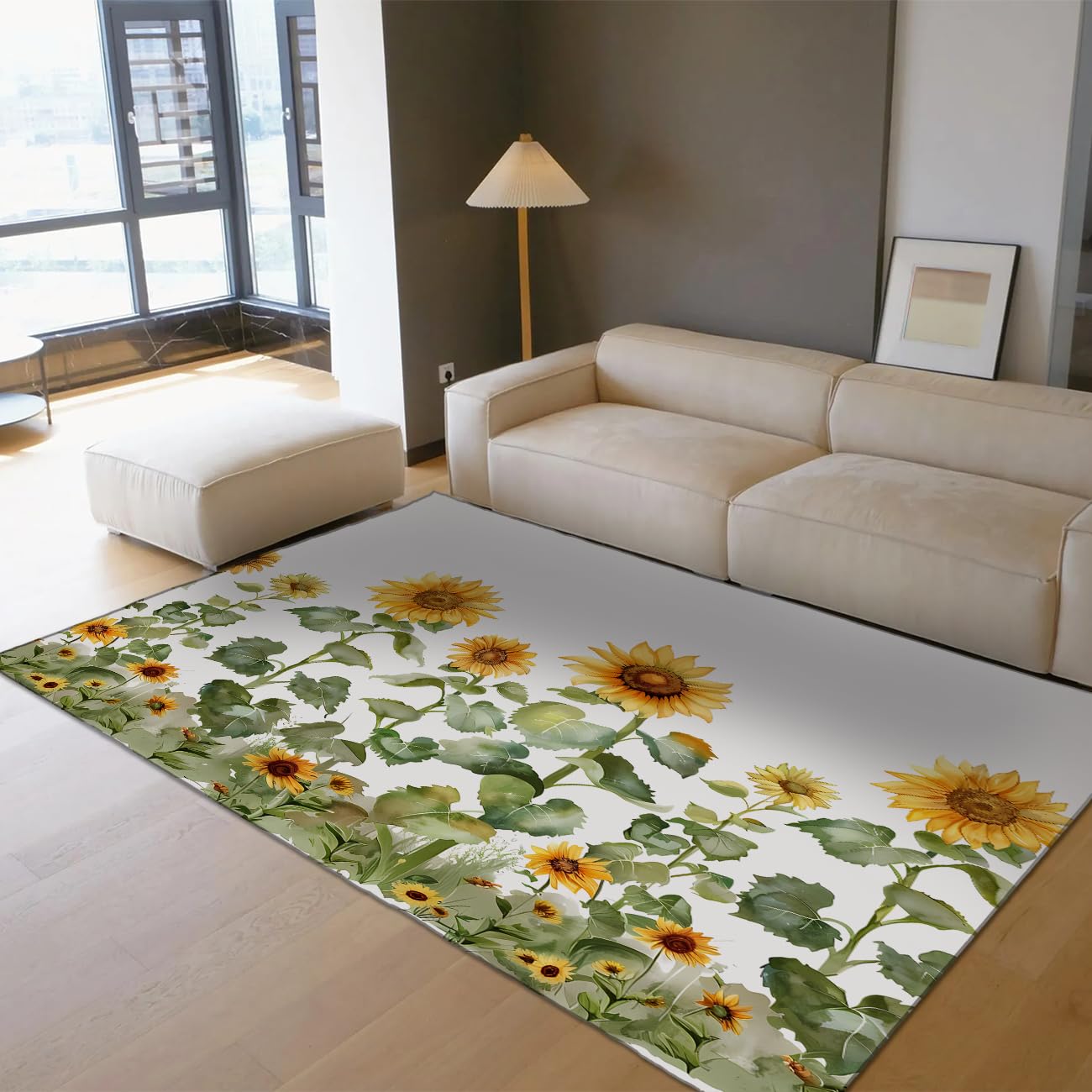 Tapis tournesol 160x230cm vert et jaune lavable en machine pour le salon