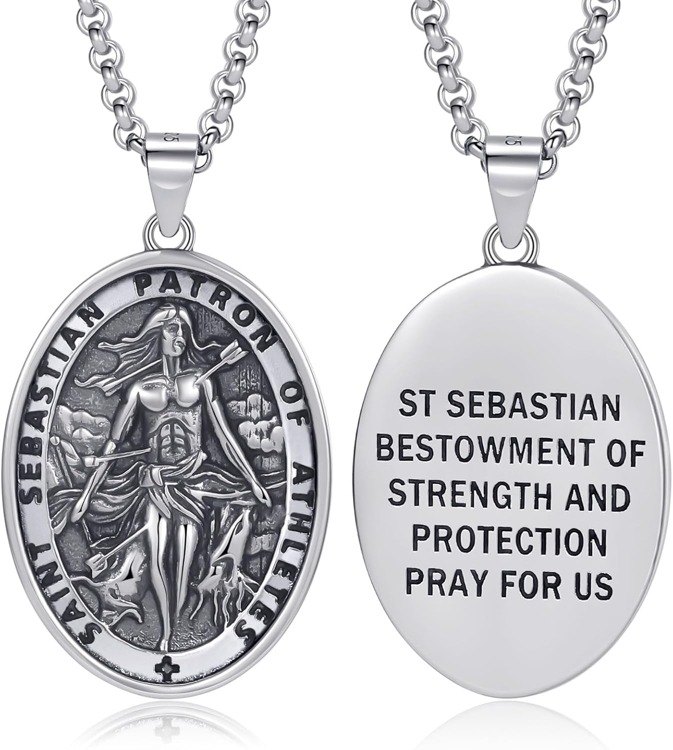 925 Sterling Silver Patron Saint Necklace Amulet Miraculous Medal Pendant Jewelry for Men Women with 2.0mm 20+2" Rolo Chain (with Gift Box)