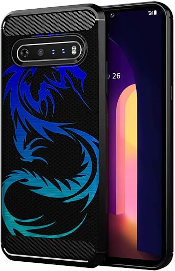 CasesOnDeck Case Compatible with LG V60 / LG V60 ThinQ 2020 - Slim Fitted TPU Case with Carbon Fiber Edges, Enhanced Grip, Blue Dragon Pattern