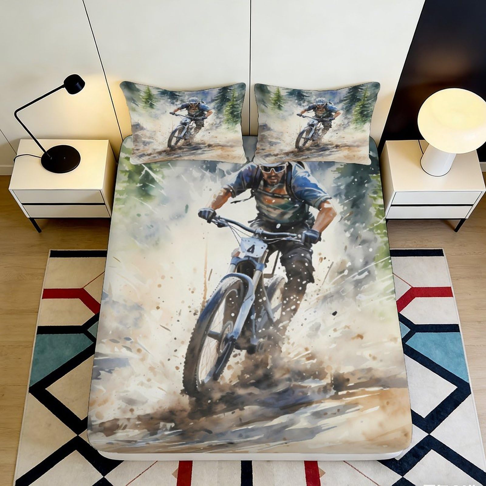 3D Printed Mountain Bike Adventure Fitted Sheet Microfiber Soft Breathable Forest Trail Bed Cover for Bedroom Dorm Mattress Protection Decor 160x200x25cm