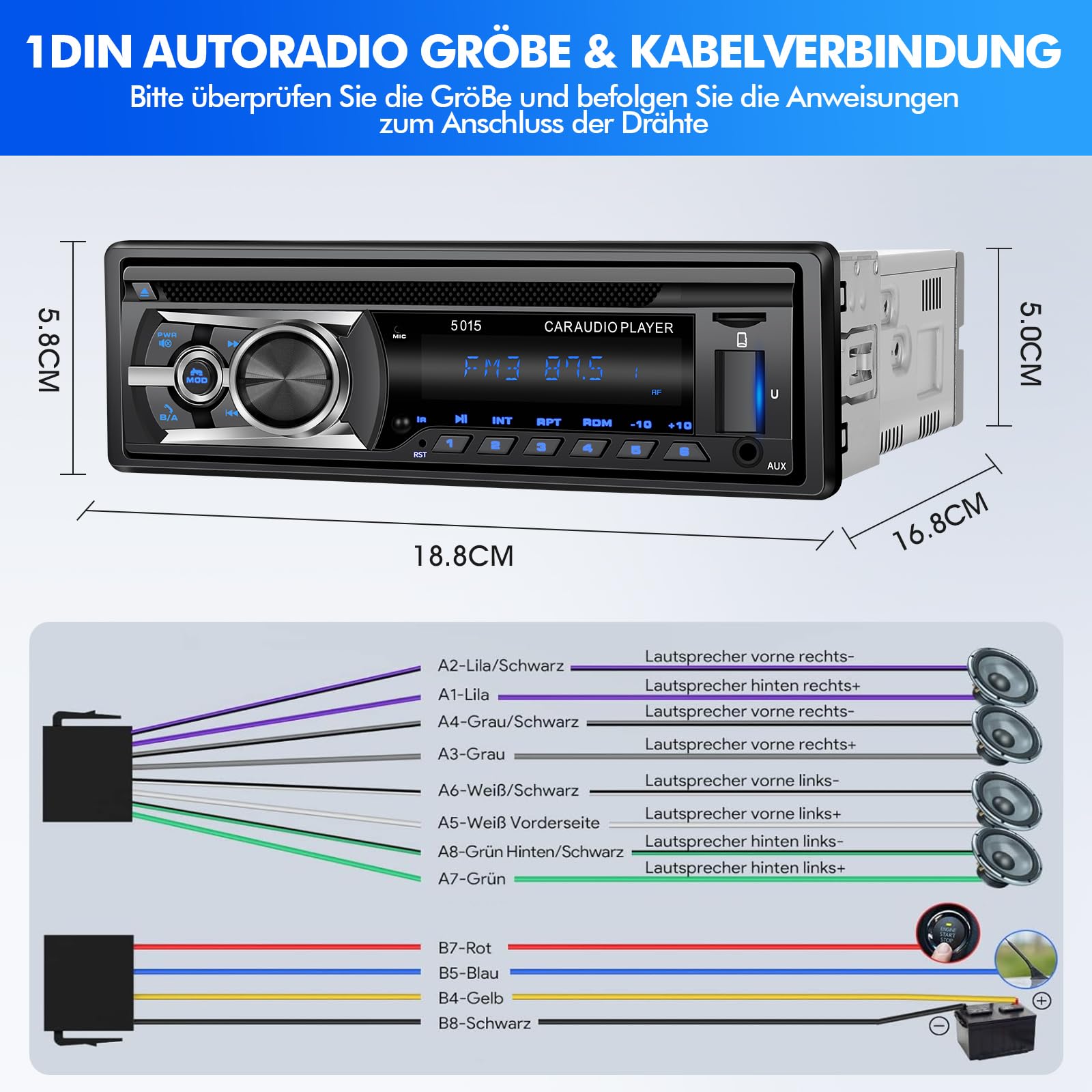 Autoradio mit CD Bluetooth Freisprecheinrichtung, Bluetooth 1 Din Autoradio USB/TF/ MP3 Player/AUX in,FM/AM Auto Radio,RDS,RCA,Auto Finden Funktion,60W*4,Schnellladefunktion