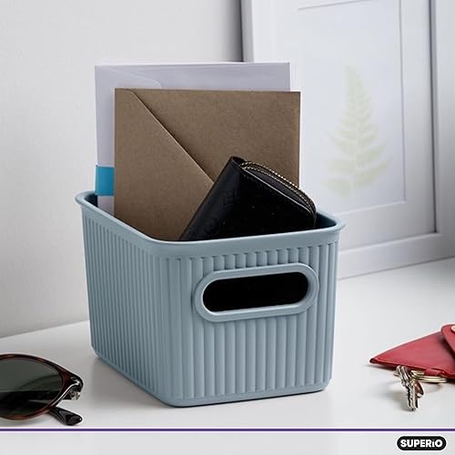 Miniatura 2 de Superio Ribbed Collection - Canastas organizadoras de plástico decorativas abiertas para el hogar, pequeñas cajas azules (paquete de 2) para