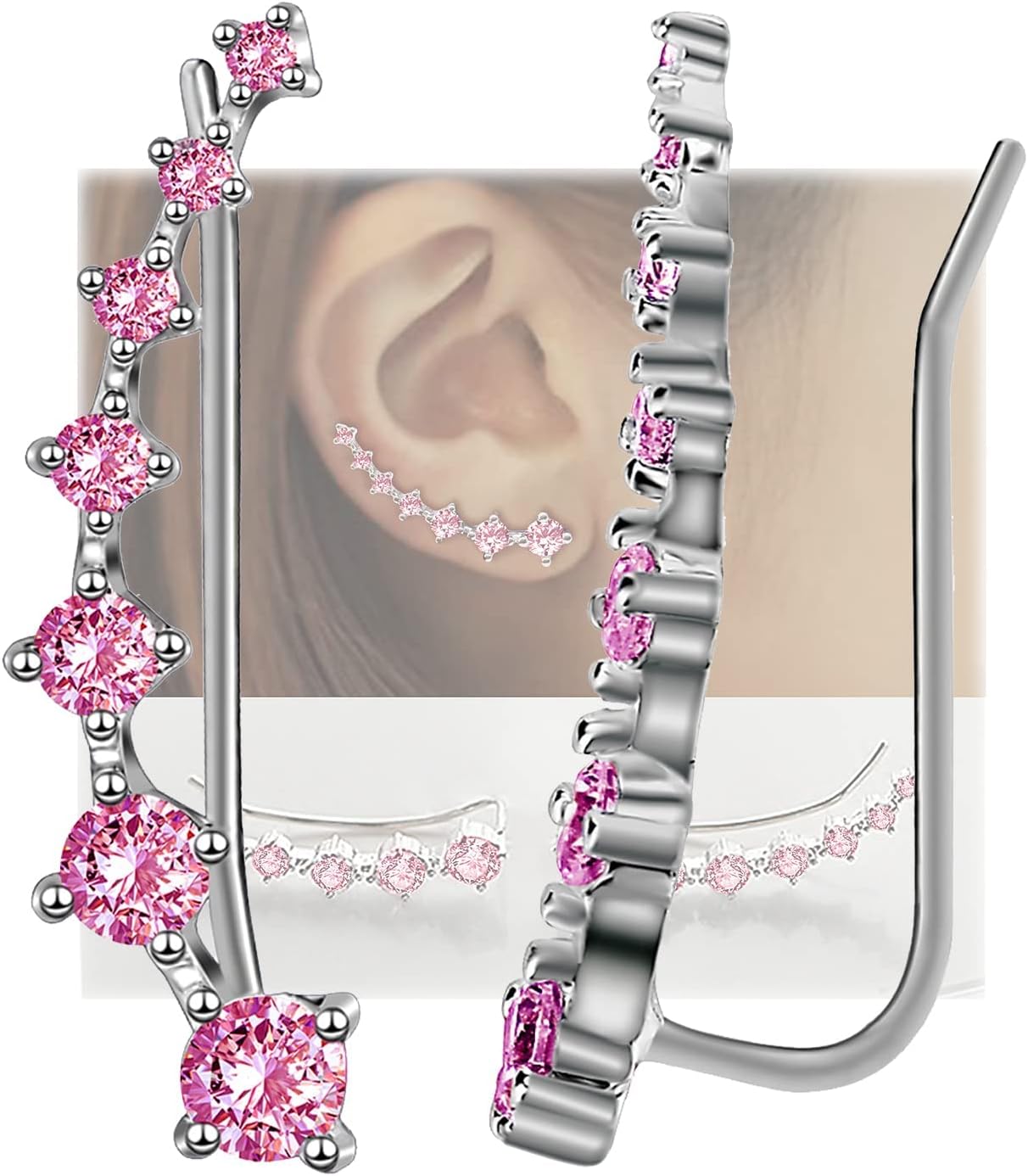 Sterling Silver Climber Earrings for Women 7 Crystals Ear Cuffs Cartilage Hypoallergenic Jewelry Dainty Fashion Birthday Gift for Women