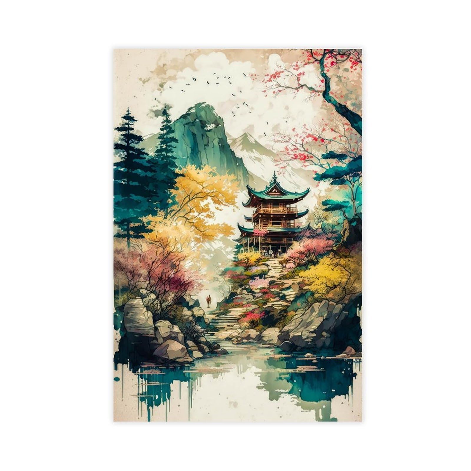 Qnvjqkdsi Unframe Japanese Landscape Watercolor Art (4) Canvas Poster Bedroom Decor Landscape Office Room Decor Gift 20" L X 30" W