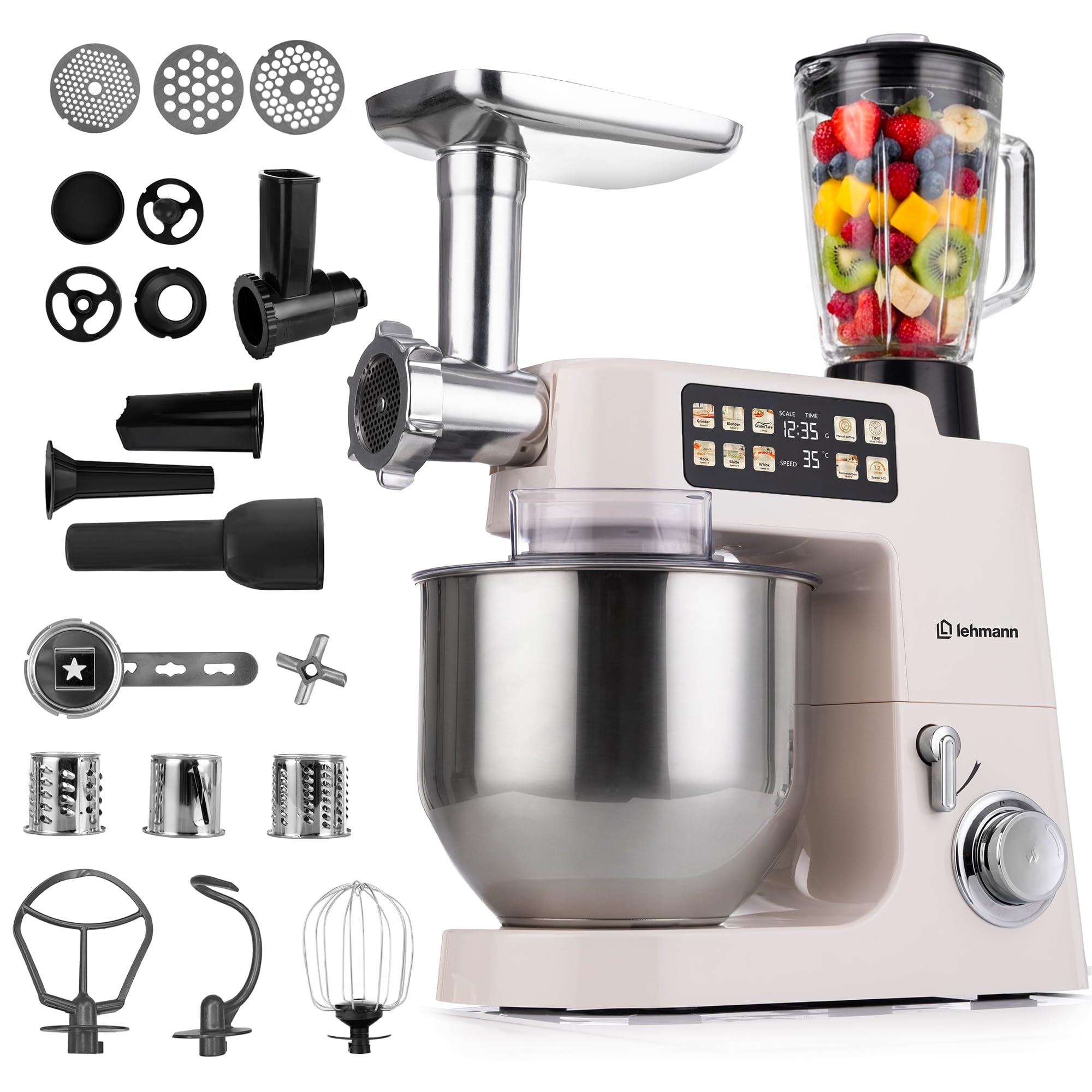 LEHMANN Teyles Impastatrice Planetaria Professionale 2100W 8L con Bilancia Integrata, Touchscreen e Ciotola Riscaldata, Blender 1,5L, Tritacarne, Planetaria per Pane e Pizza, Beige